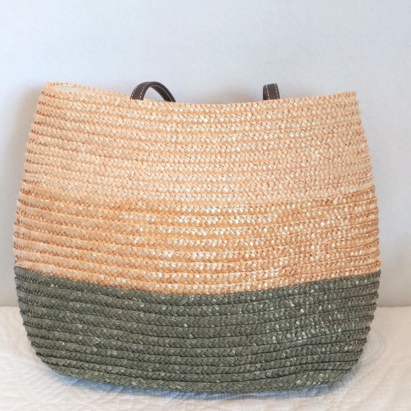 Faded Glory woven straw tote casual shoulder bag green/natural color on top - Picture 2 of 6